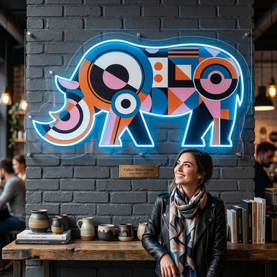 Geometric Rhino Abstract Neon Artwork In iceblue color
