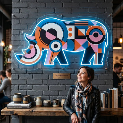 Geometric Rhino Abstract Neon Artwork In iceblue color