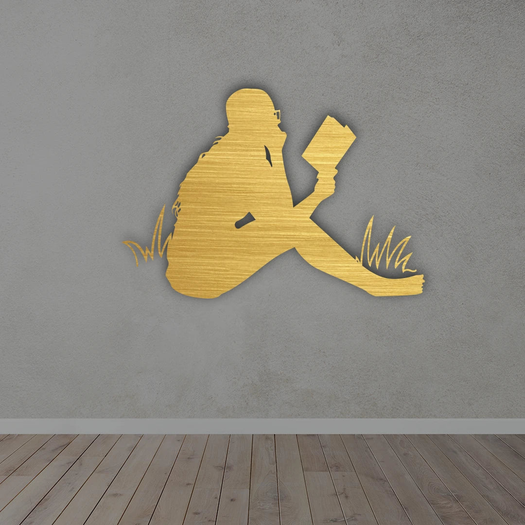Woman Reading Book Minimalist Metal Wall Art in golden colour 