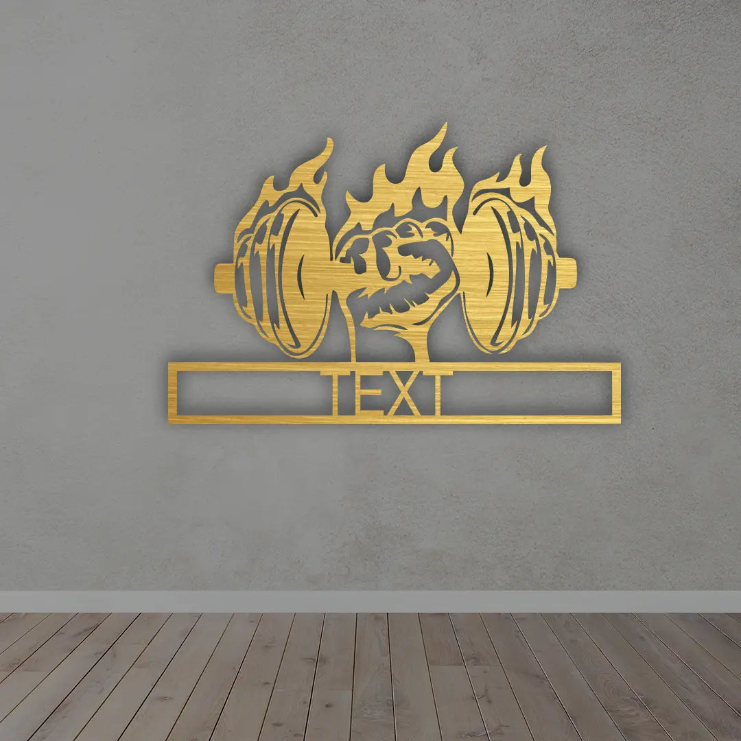 Hand With Dumble Custom Metal Sign in Golden Colour Mounted on wall 