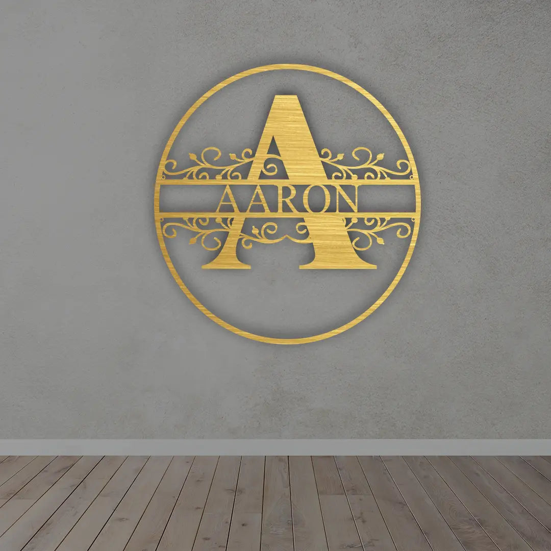 Metal Initial Name Sign in golden Colour mounted on wall 