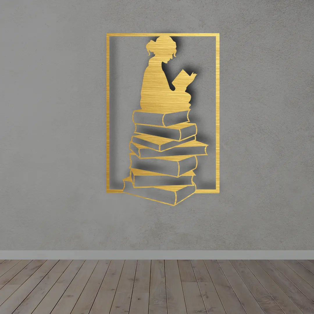 Girl Reading Books Metal Wall Art Sign in brush golden finish
