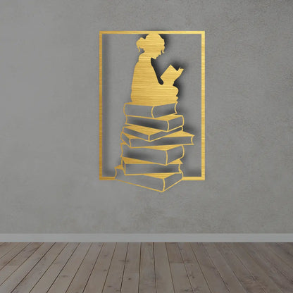 Girl Reading Books Metal Wall Art Sign in brush golden finish