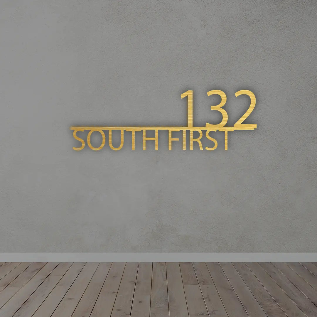 Metal Name and Address Signs in Golden colour mounted on wall 