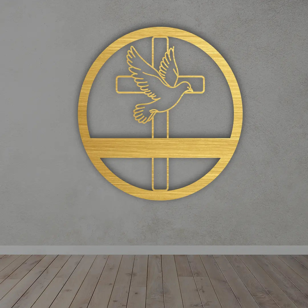 Holy Spirit Dove Altar Cross Metal Sign in Golden colour mounted on wall 
