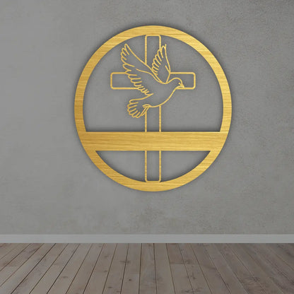 Holy Spirit Dove Altar Cross Metal Sign in Golden colour mounted on wall 