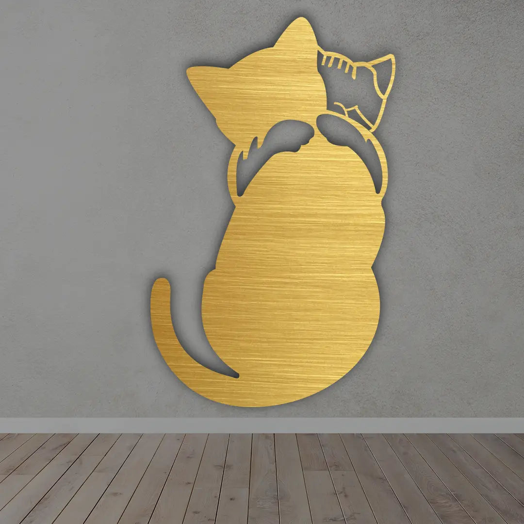 Cat Hug Metal Wall Art Sign in Brushed Golden