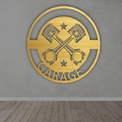 Dad's Garage Metal Name Plates in Golden colour mounted on wall