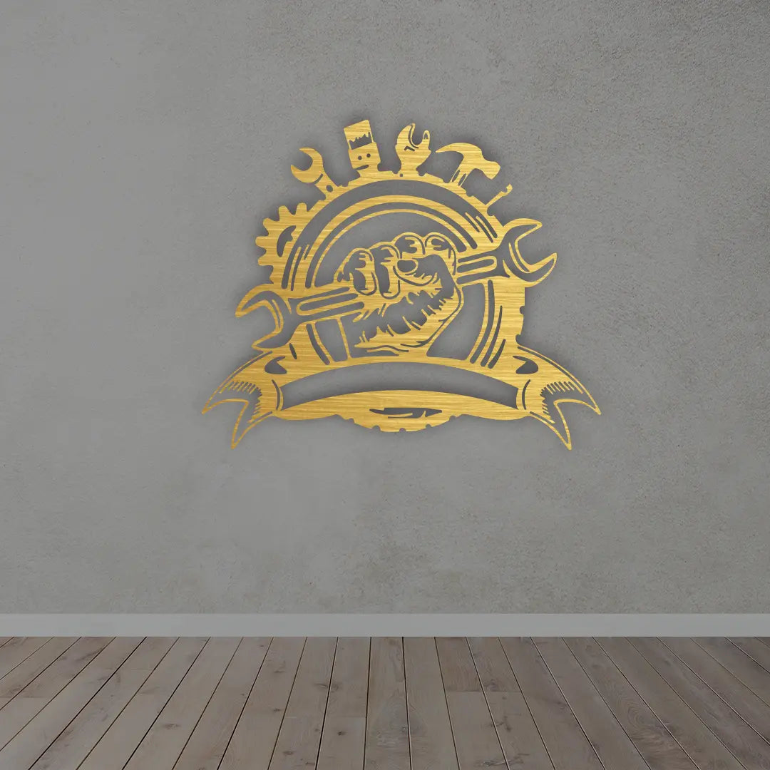 Custom Mechanic Metal Sign in golden colour mounted on wall 
