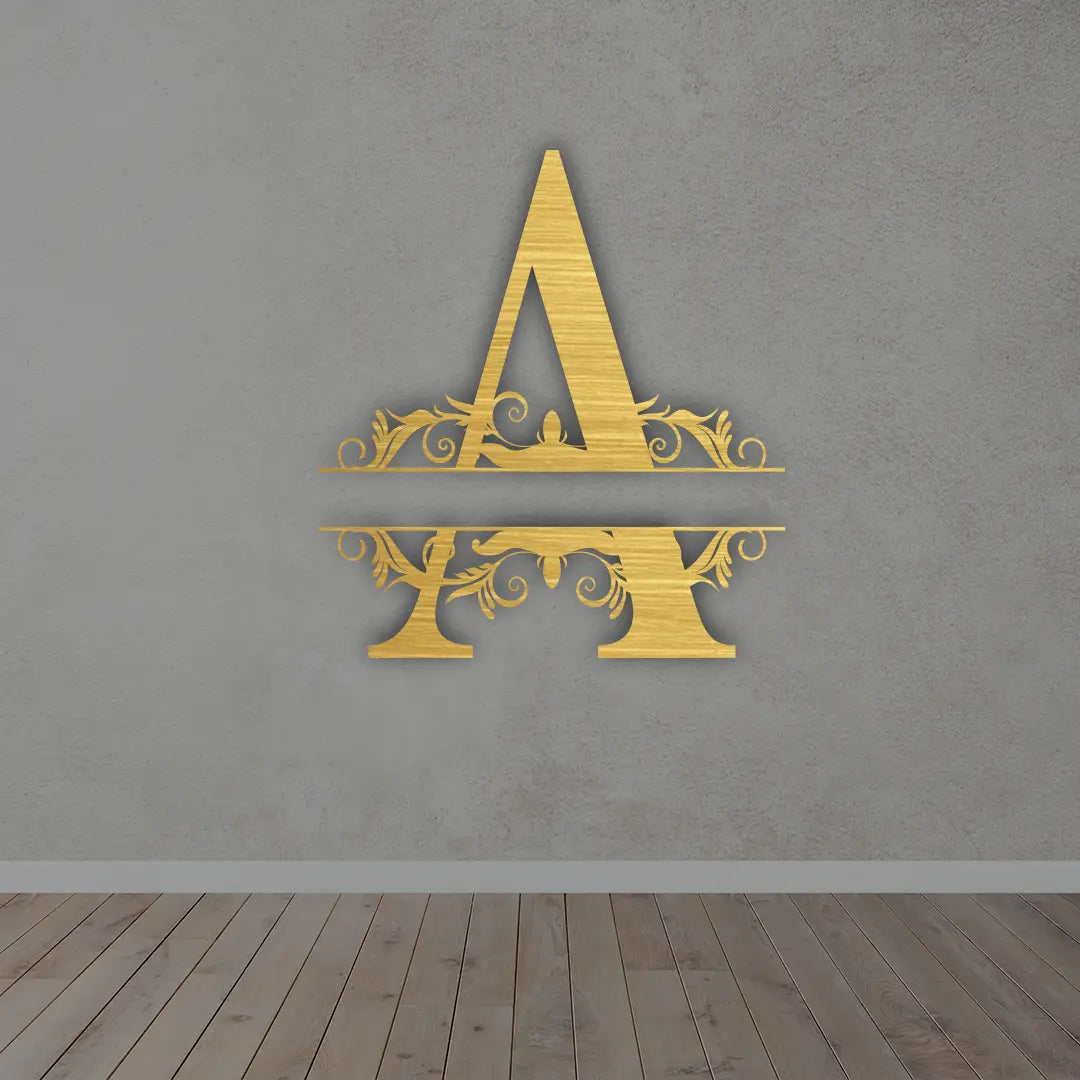 Personalized Metal Initial Name Sign in Golden colour mounted on wall 