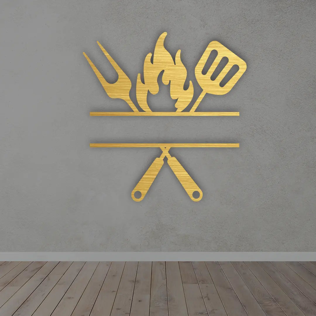 Custom Grill Master Metal Sign in Golden Colour mounted on wall 
