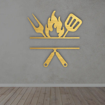 Custom Grill Master Metal Sign in Golden Colour mounted on wall 