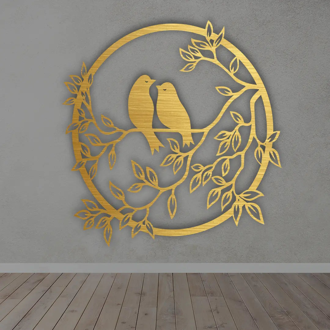 Bird On Branch Round metal Wall Art  in Golden colour