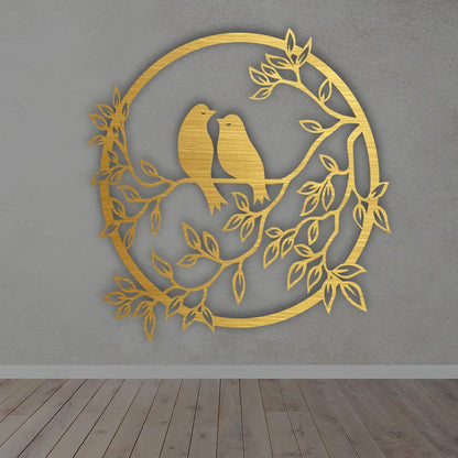 Bird On Branch Round metal Wall Art  in Golden colour