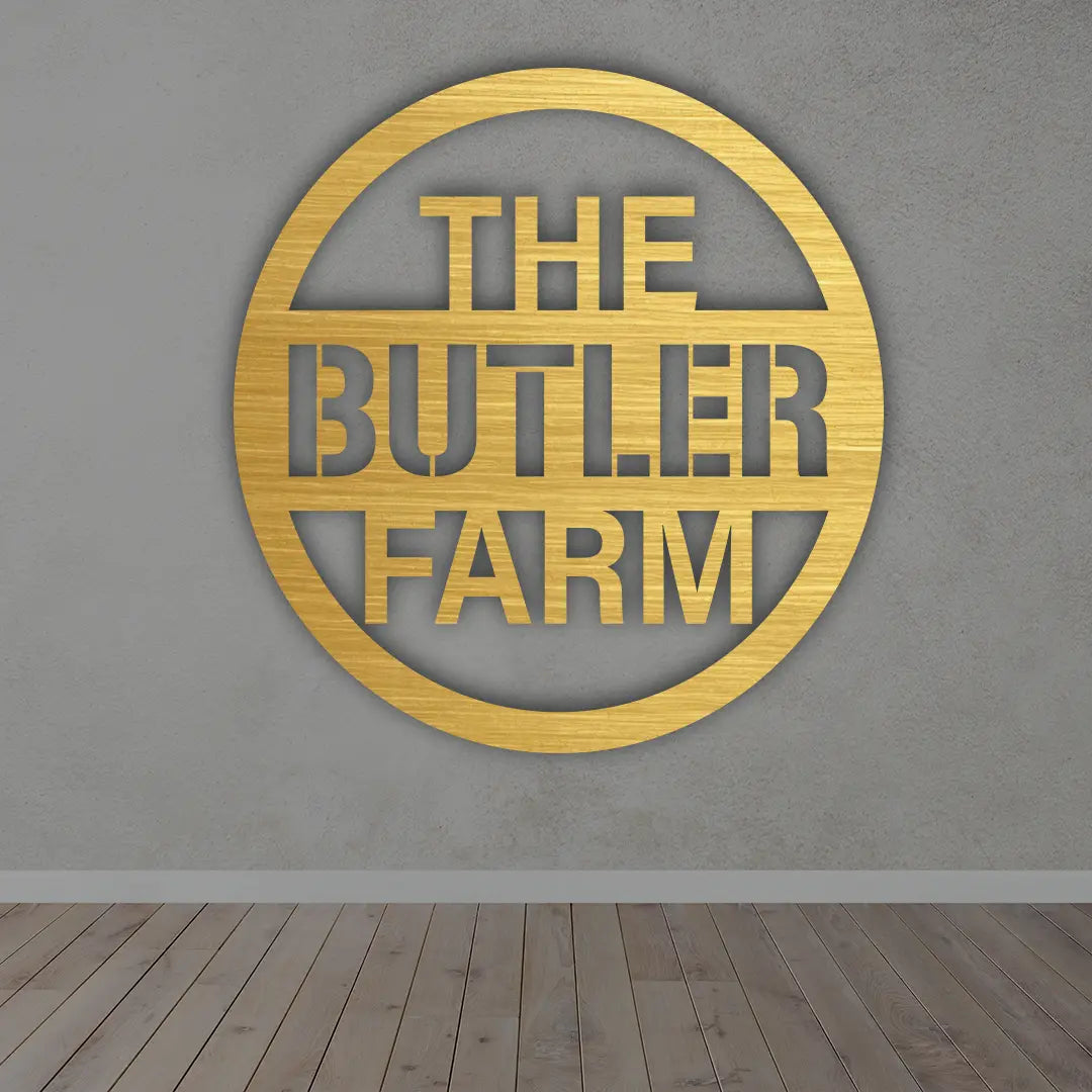 Personalize Business Metal Sign in golden colour mounted on wall