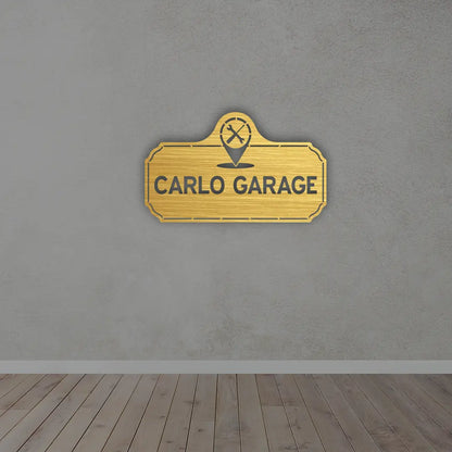 Custom Garage Name Metal Sign in Golden Colour mounted on wall