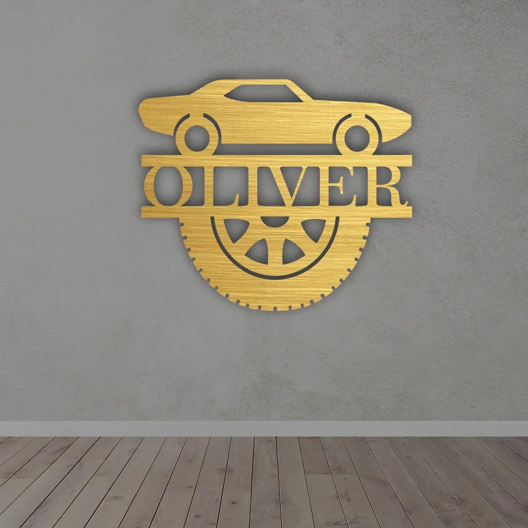 Custom Car Metal Sign in Golden colour mounted on wall 