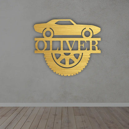 Custom Car Metal Sign in Golden colour mounted on wall 