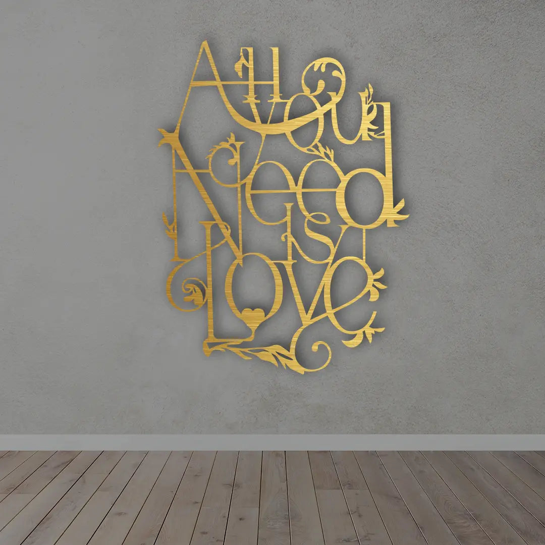 All You Need Is Love Metal wall art in golden colour