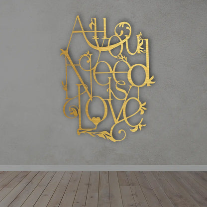All You Need Is Love Metal wall art in golden colour