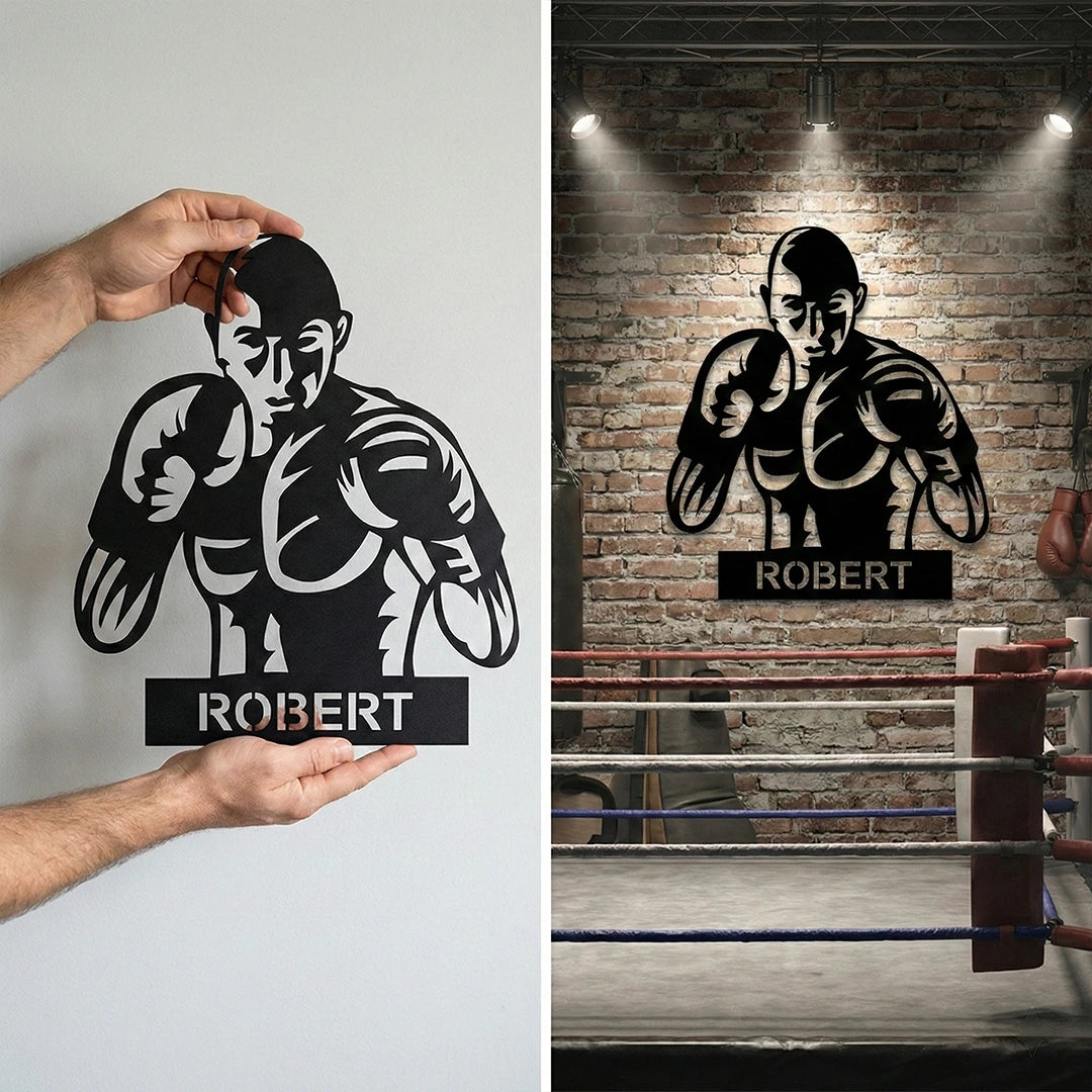 Boxer Custom Metal Sign in Black colour mounted on wall 