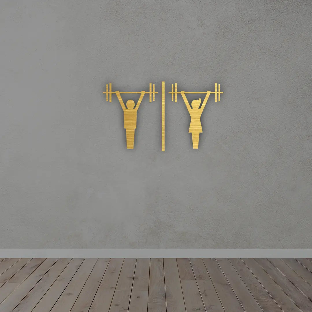 Man And Woman Weight Lifting Vector Metal Wall Art in Golden finish