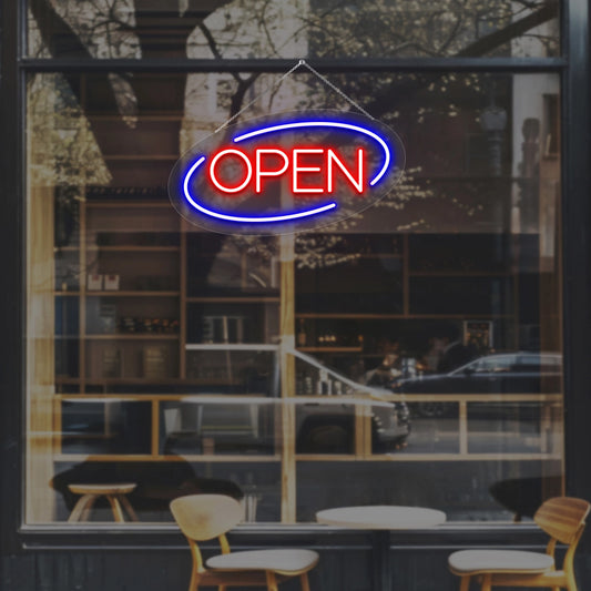 Open Neon Sign Oval Shape (Red-Blue)