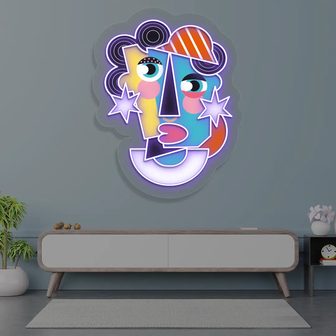 Radiant Mask Abstract Neon Artwork Sign in Purple color