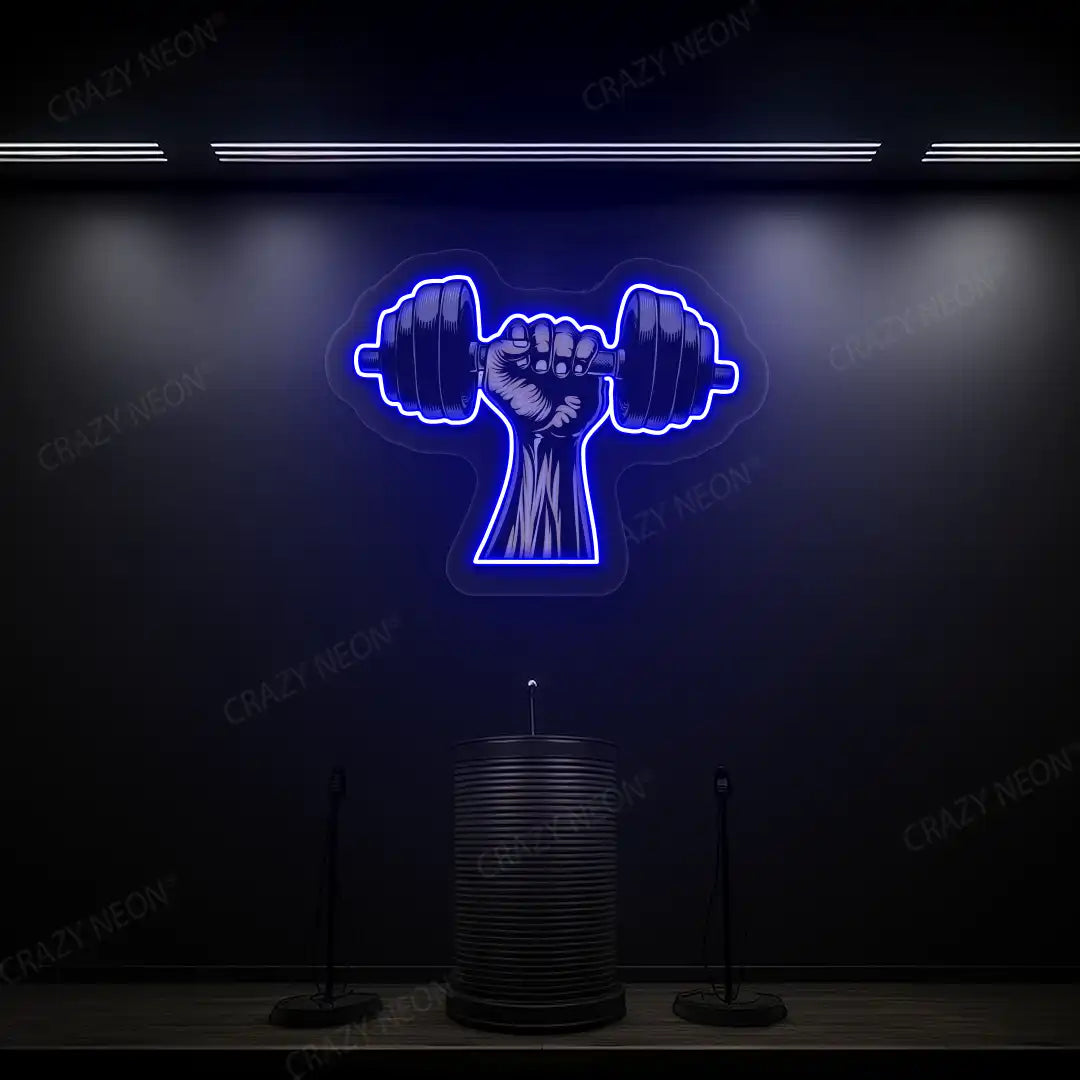 blue hand lifting dumbbell gym neon artwork mounted on a wall
