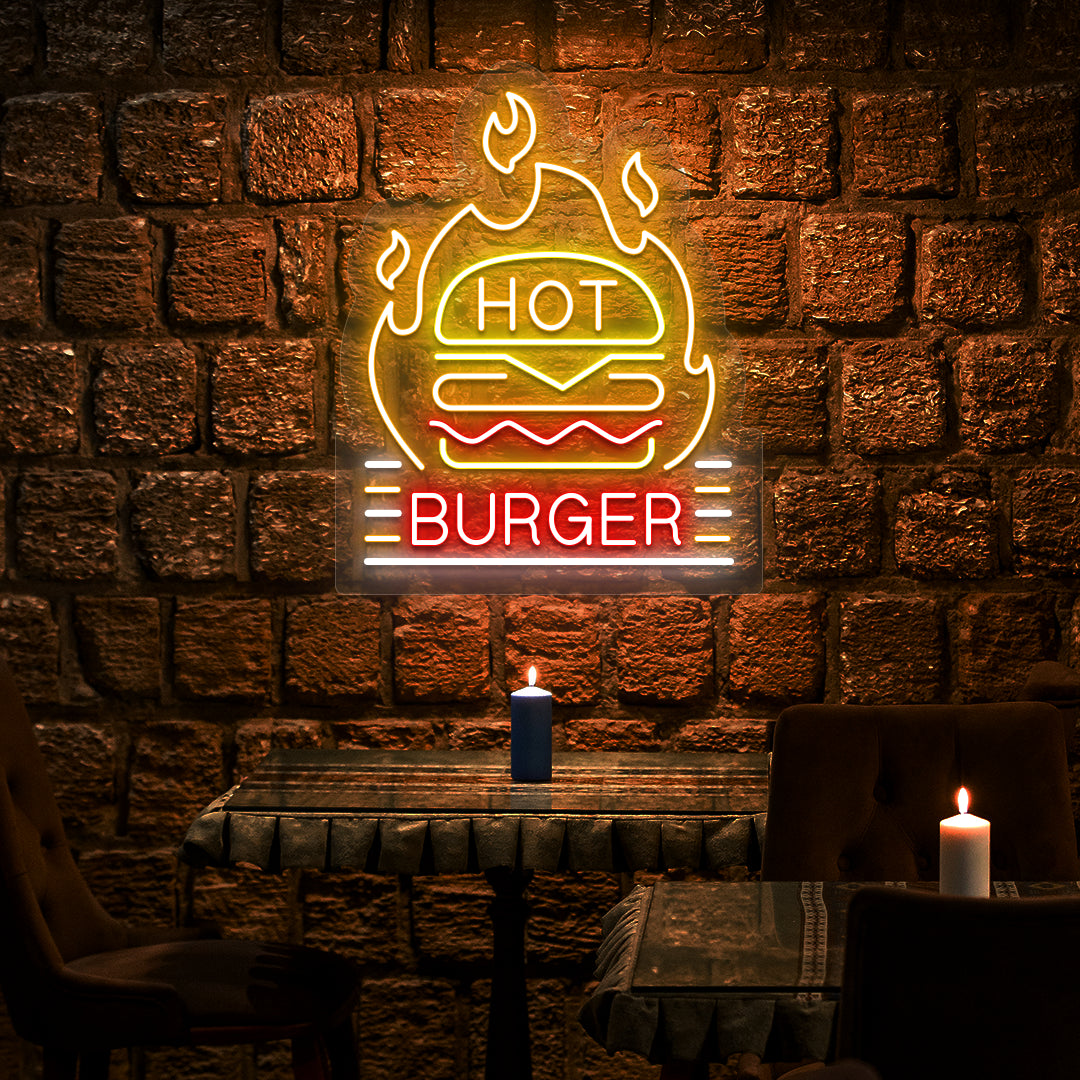 red yellow orange and white hot burger neon sign mounted on a wall