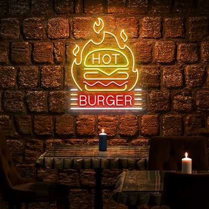 red yellow orange and white hot burger neon sign mounted on a wall