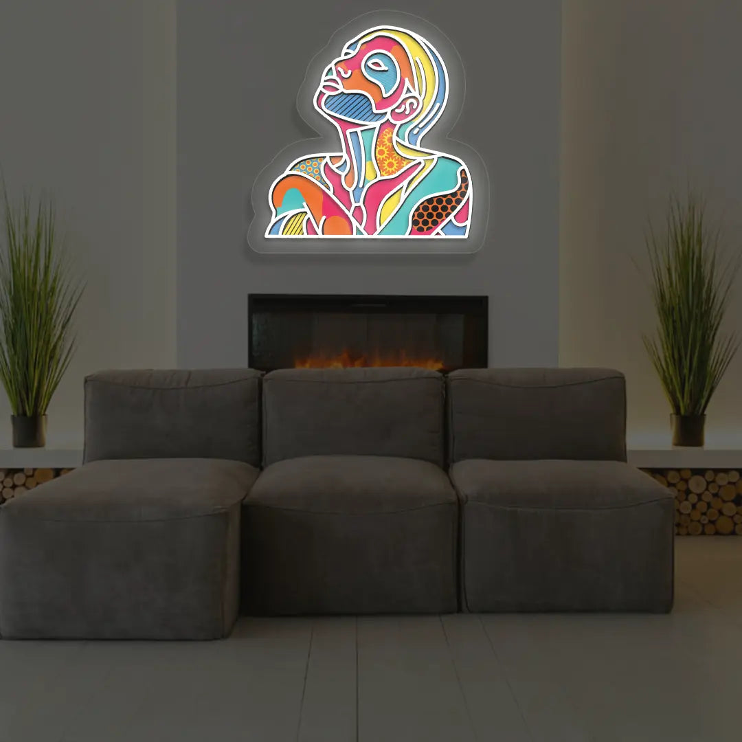 Color Pop Face Neon Artwork on grey wall