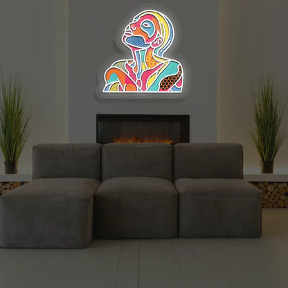 Color Pop Face Neon Artwork on grey wall