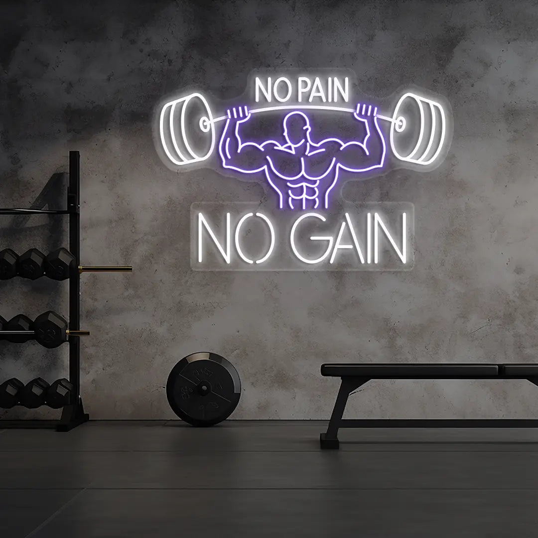 purple and white no pain no gain bodybuilder neon sign mounted on a wall