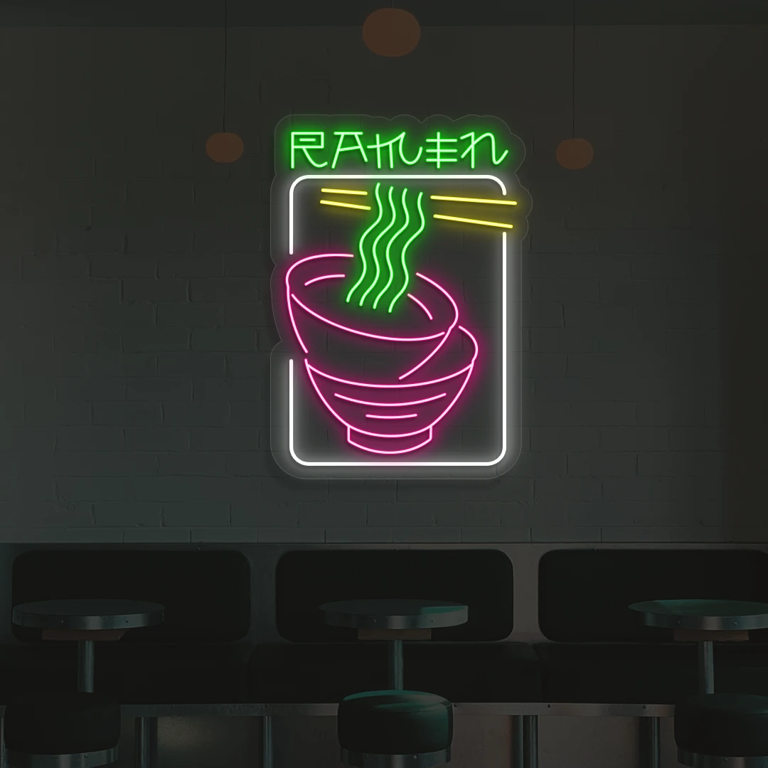 green white yellow and pink ramen duo neon sign mounted on a wall