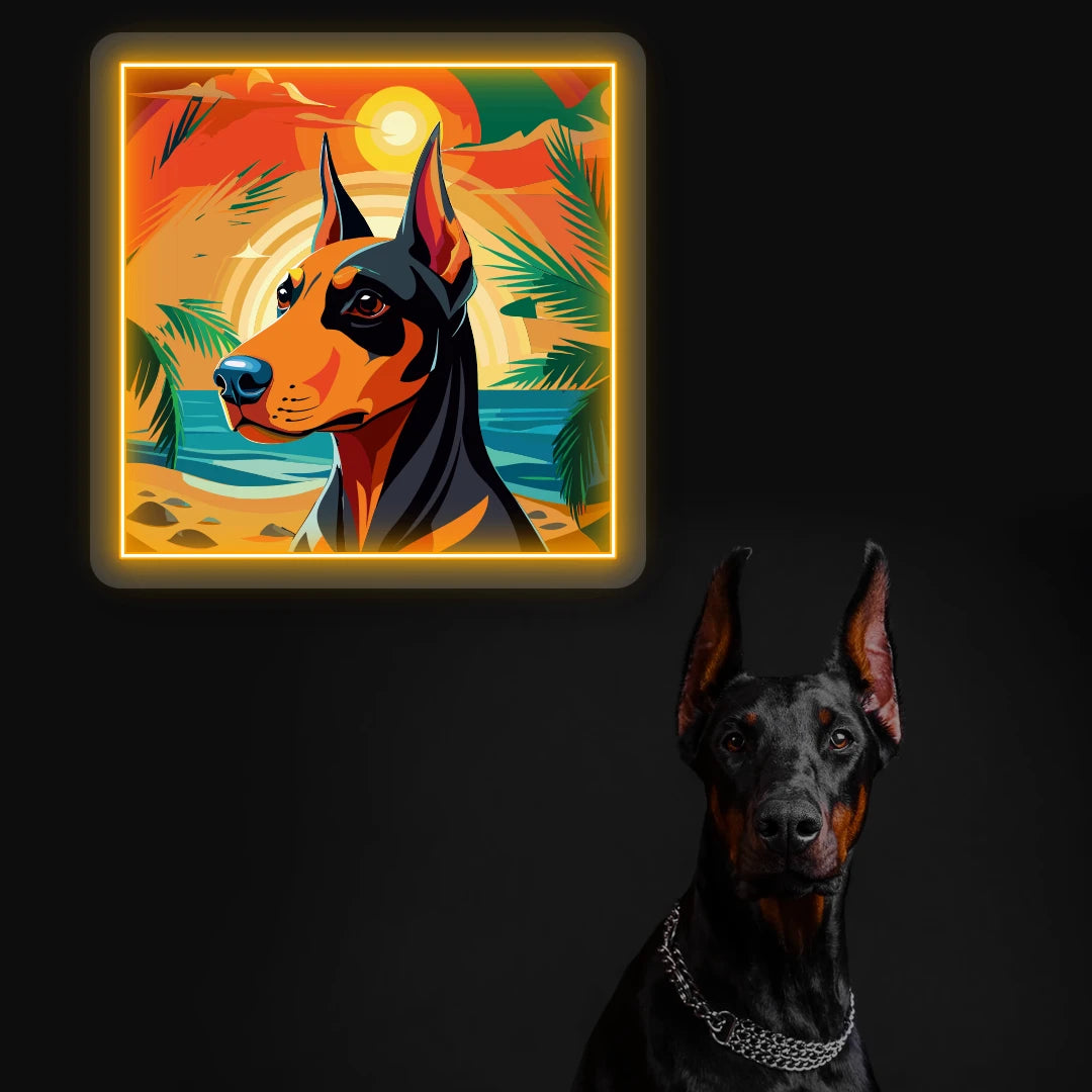 Tropical Sunset Doberman Neon Artwork in Orange color
