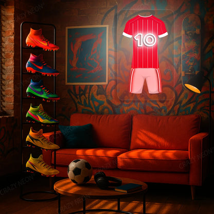 Red pinstriped football jersey neon artwork with number 10 glowing on a graffiti-decorated wall