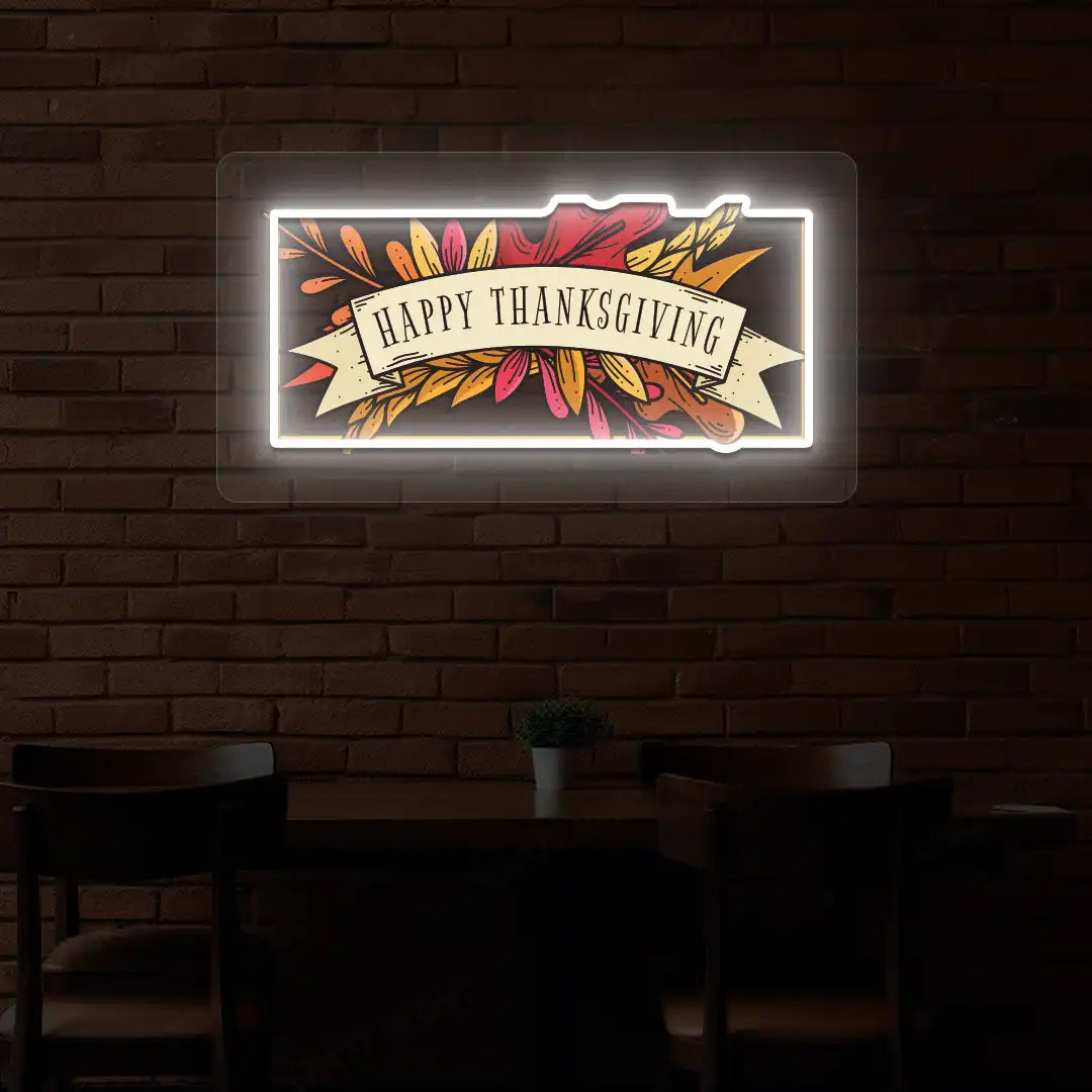 Autumn leaves happy thanksgiving neon sign in white