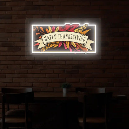 Autumn leaves happy thanksgiving neon sign in white
