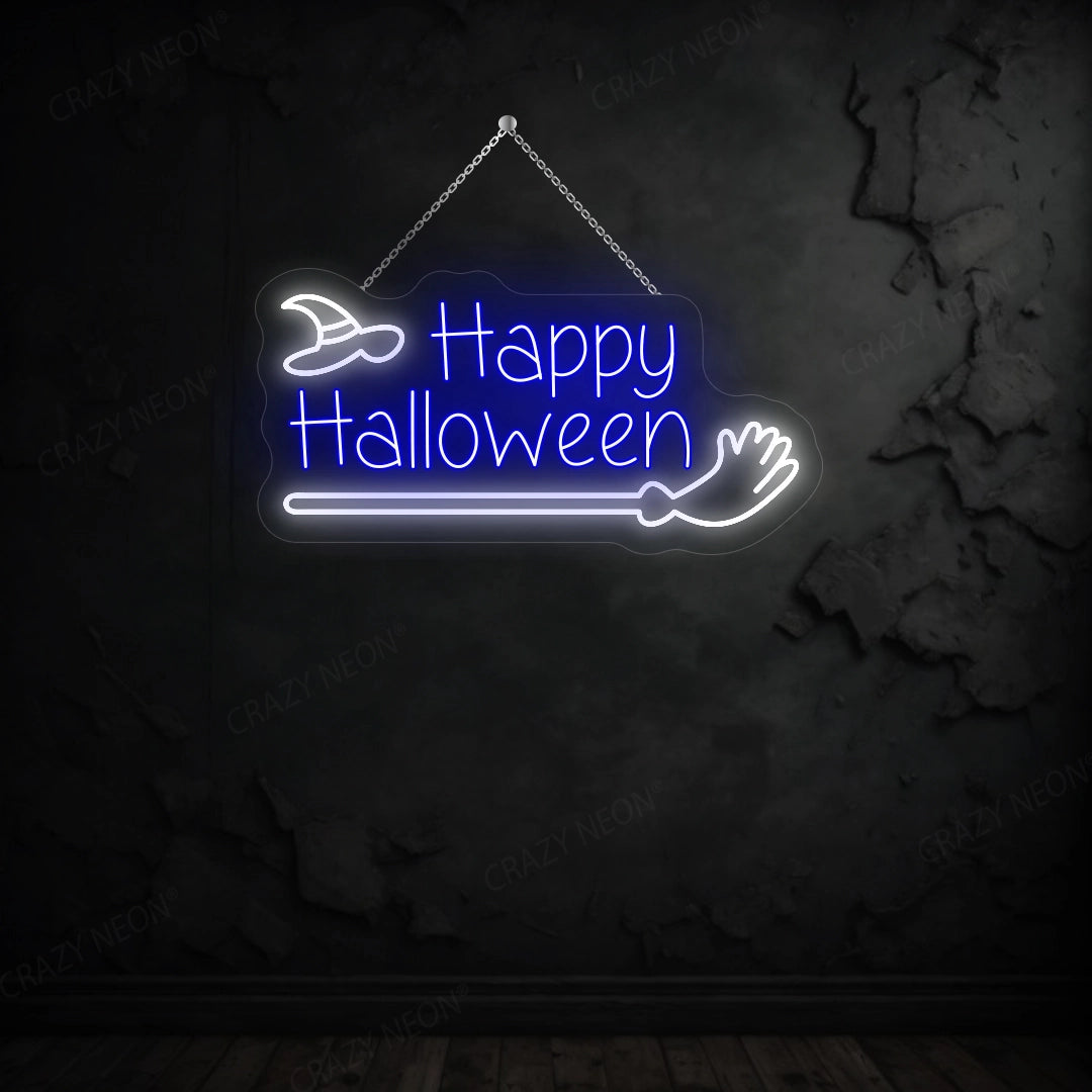 Happy Halloween with Broom Stick LED Neon Sign | Blue 