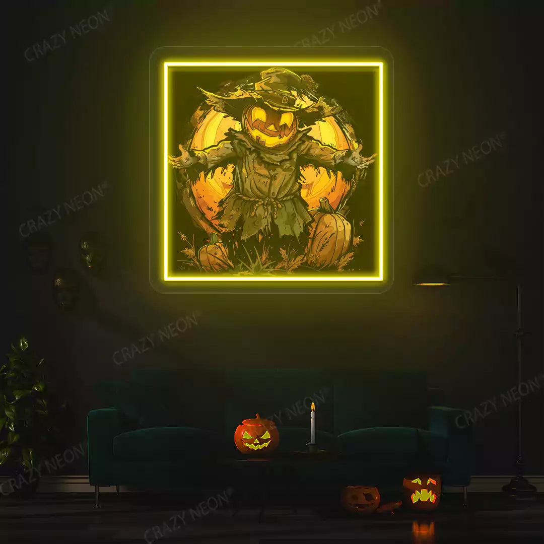 Pumpkin King Scarecrow Neon Artwork | Yellow