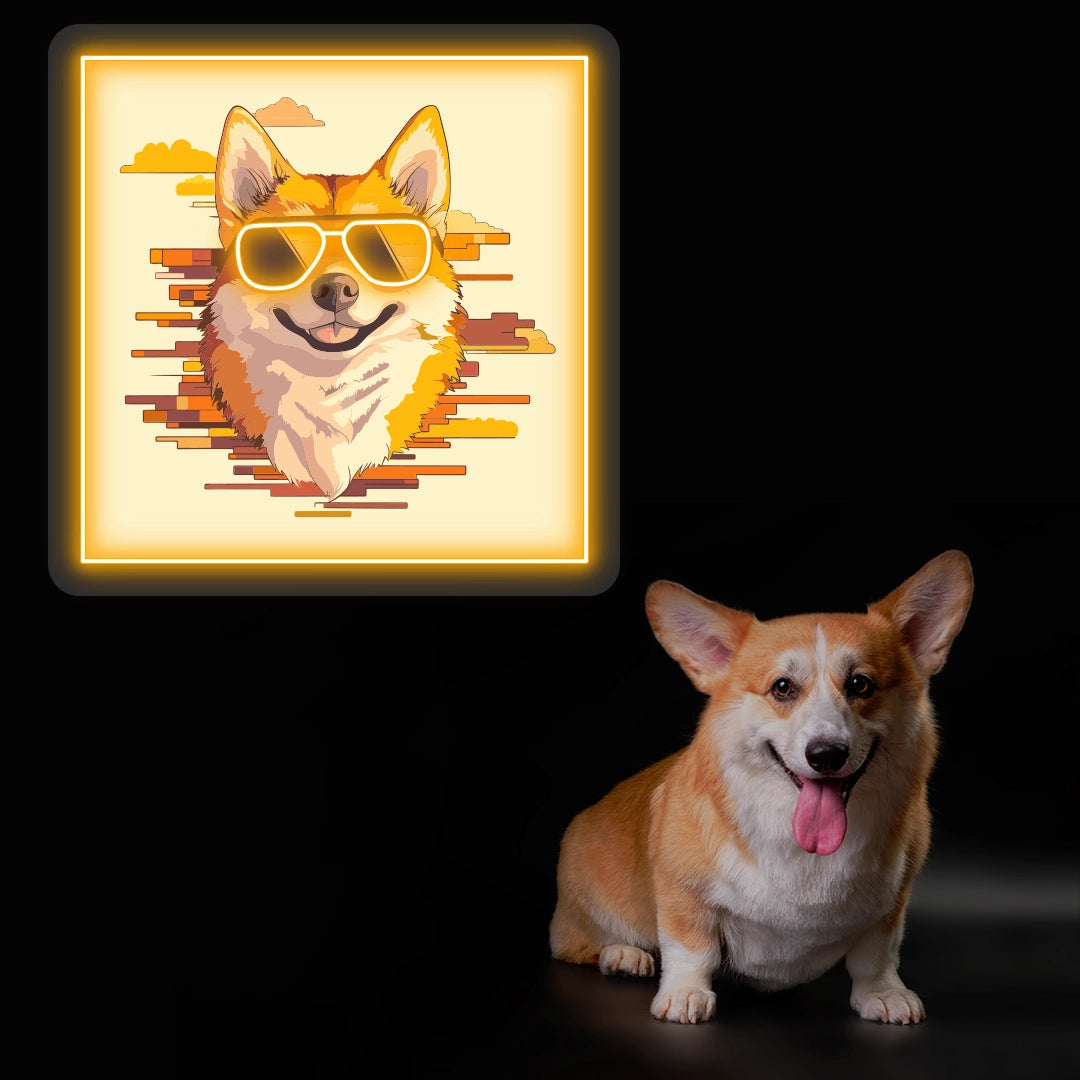 Cool Shades Corgi Neon Artwork in Orange Color