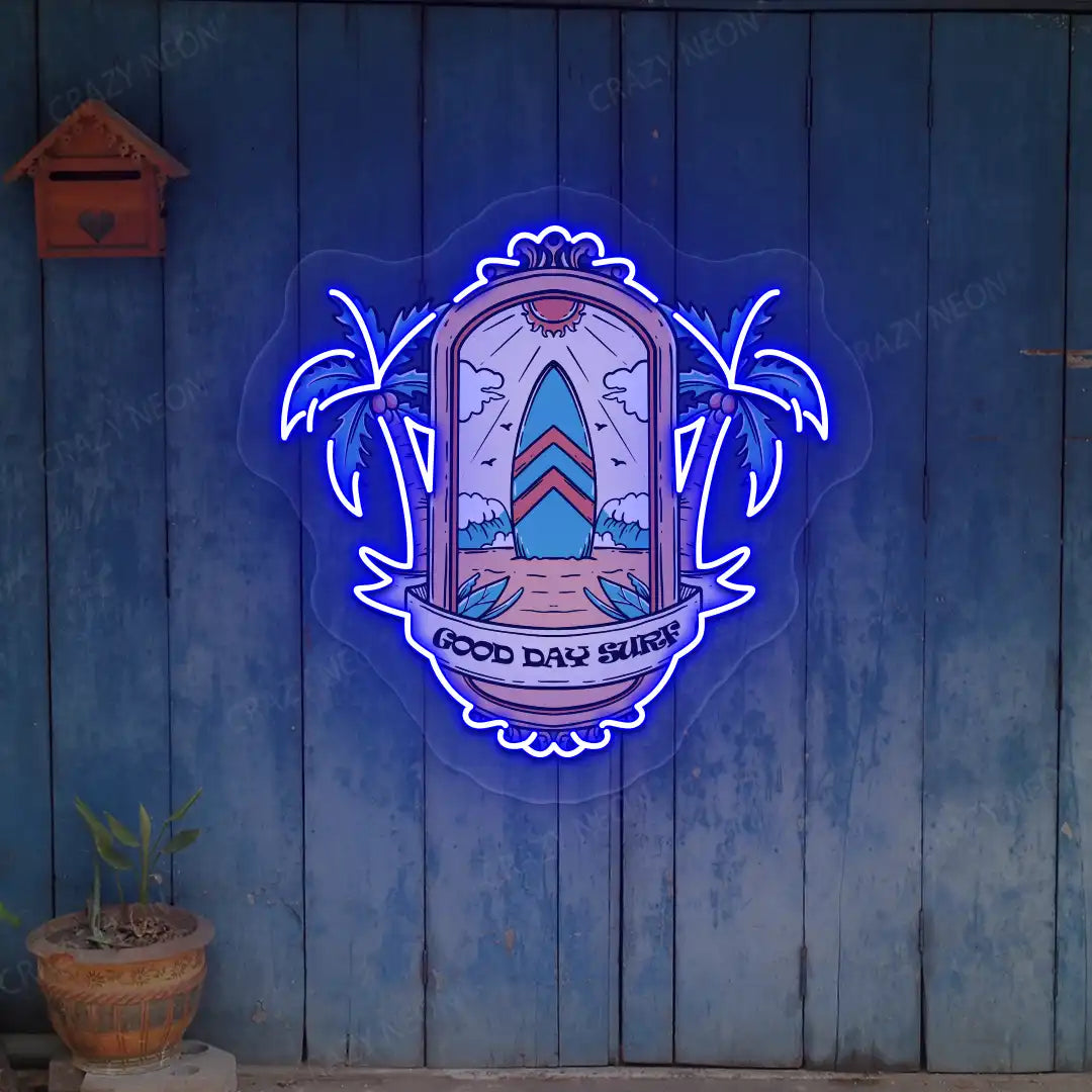 blue good day surf beach neon artwork mounted on a wall