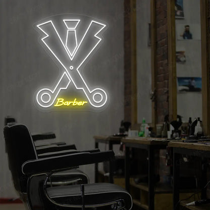 Dapper Barber Scissors Neon Sign in White and Yellow Colour Mounted on wall