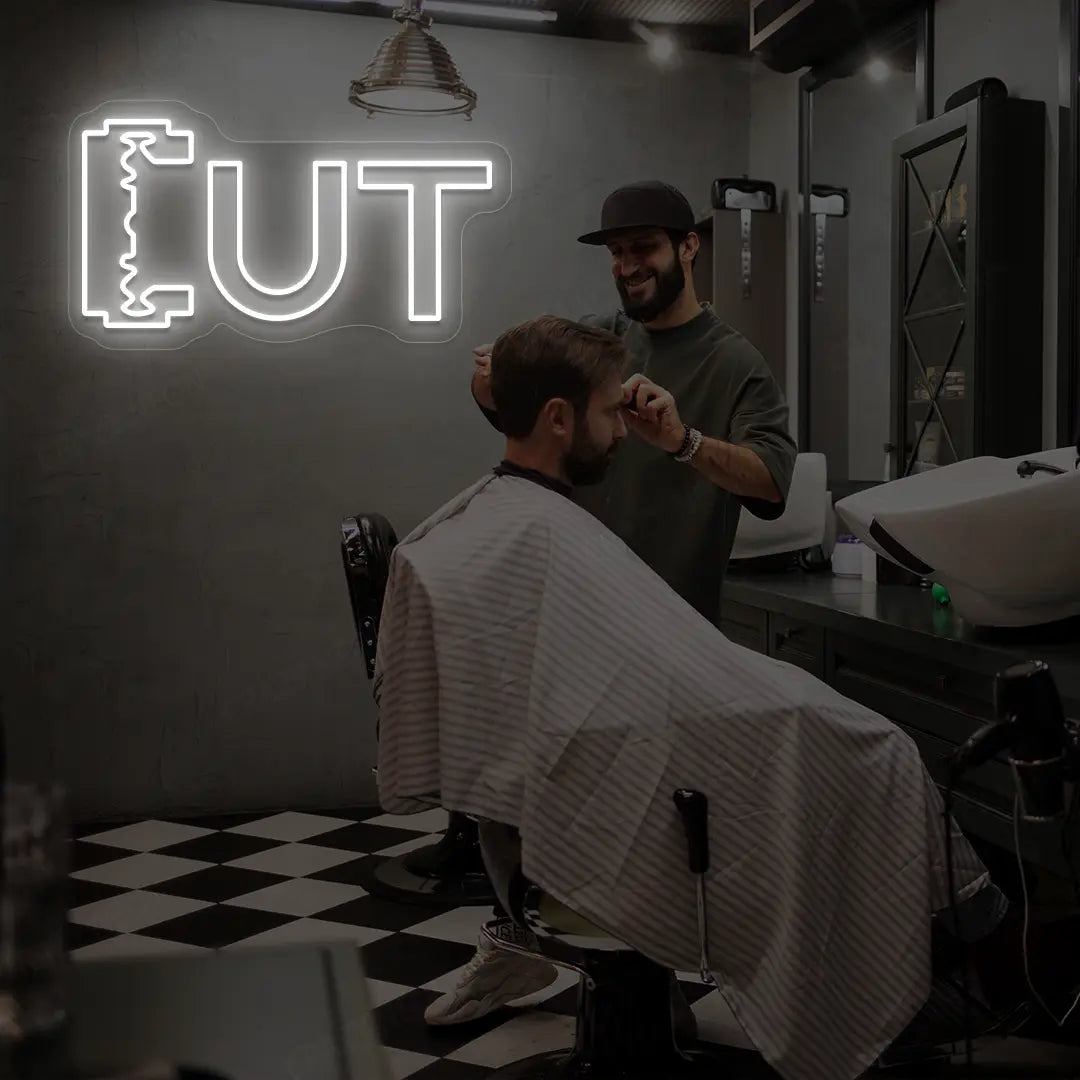 Cut Blade Barber Neon Sign in white Color