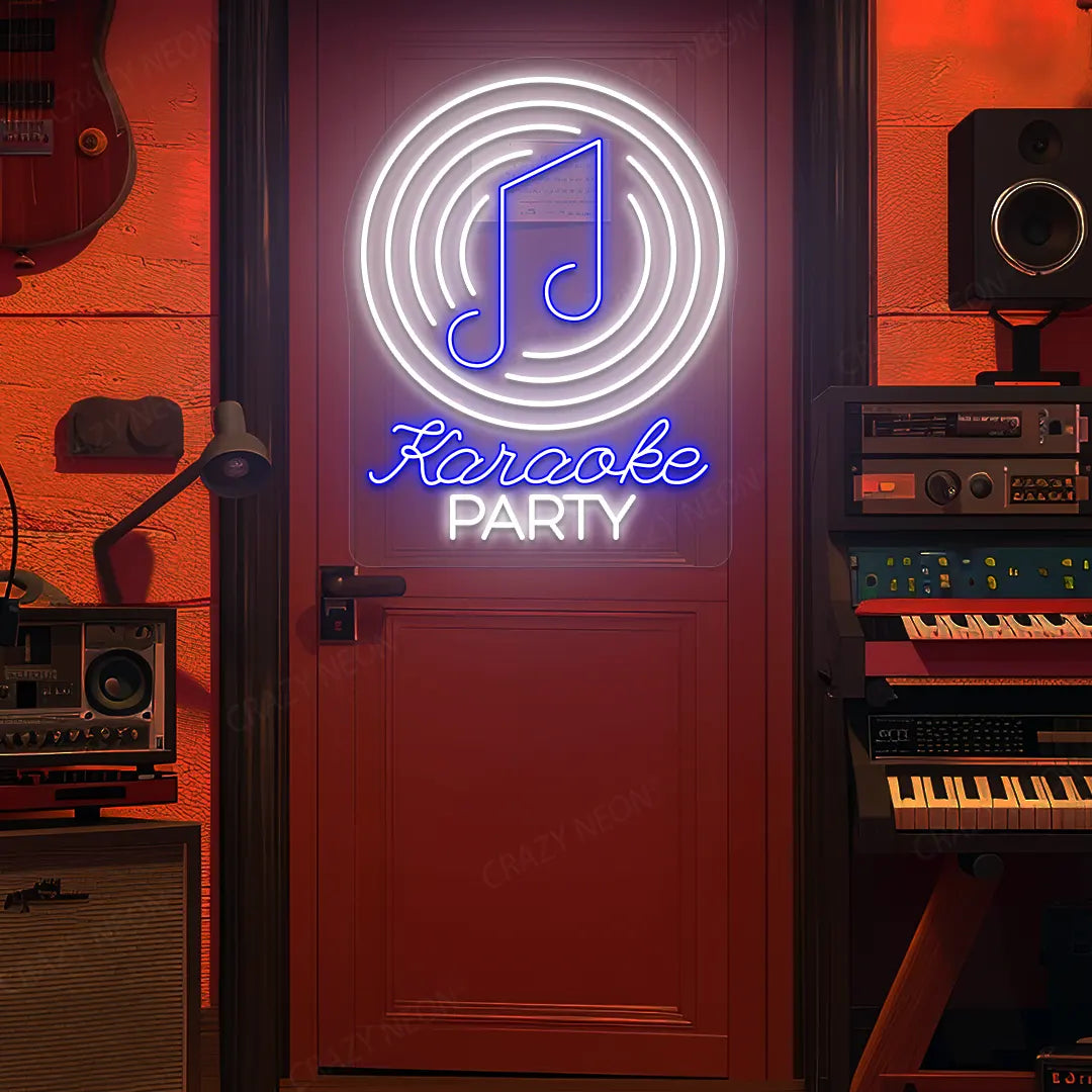 Karaoke Party Neon Sign in Blue and White Colour mounted on wall