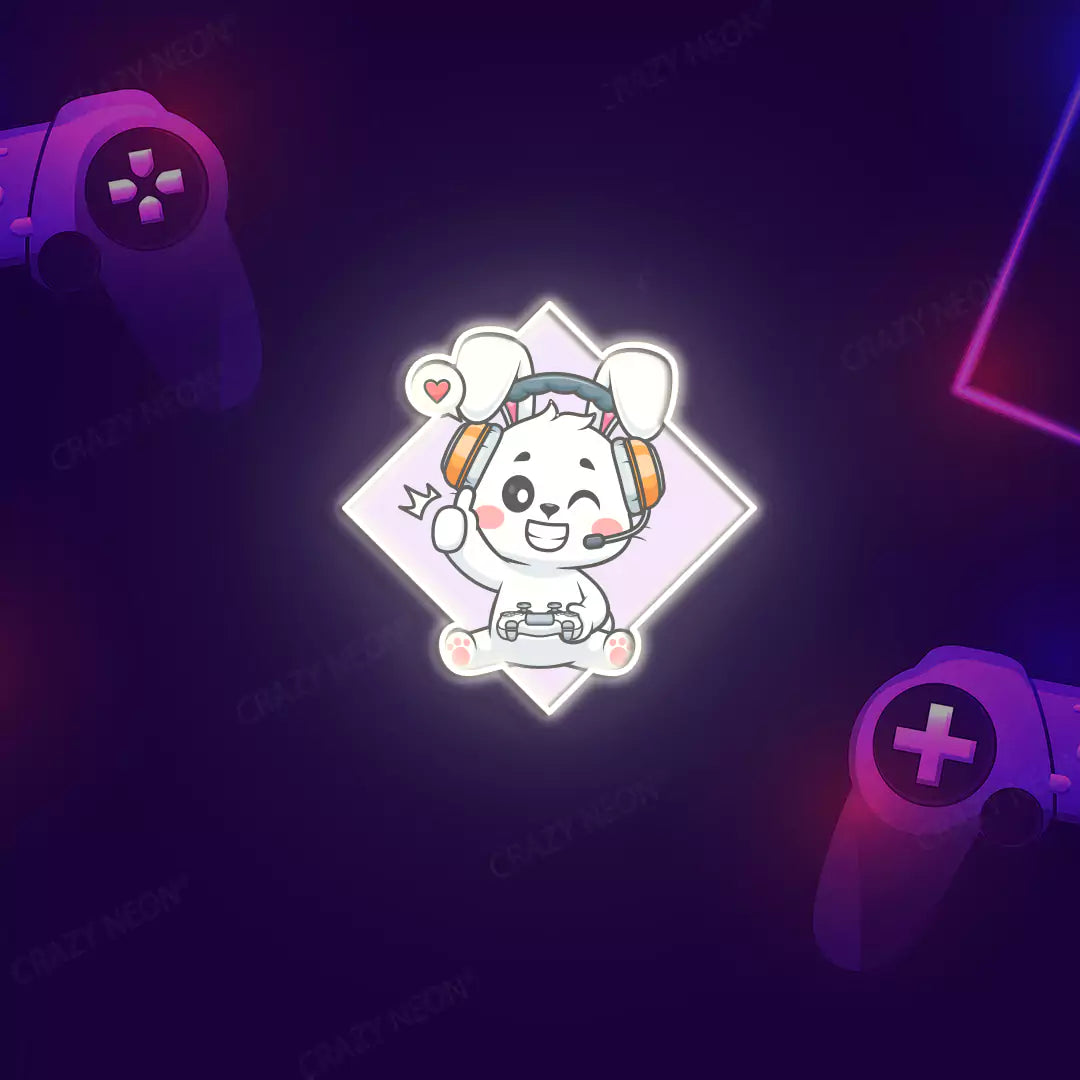 Cute Bunny Gamer Neon Artwork in Warm white Color.