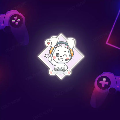 Cute Bunny Gamer Neon Artwork in Warm white Color.