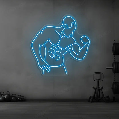 ice blue muscle man flex neon sign mounted on a wall