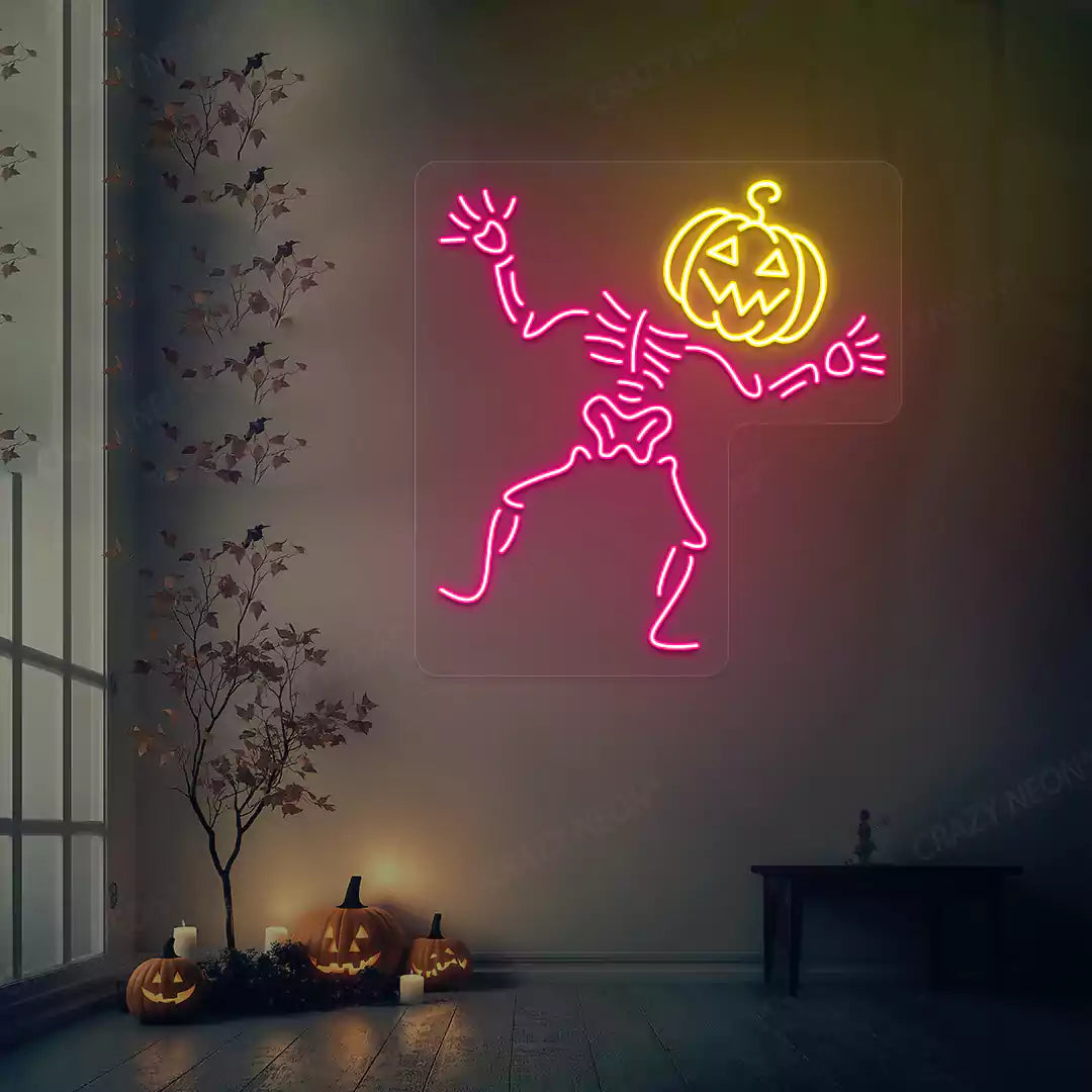 Dancing Pumpkin Skeleton Neon Sign | Pink